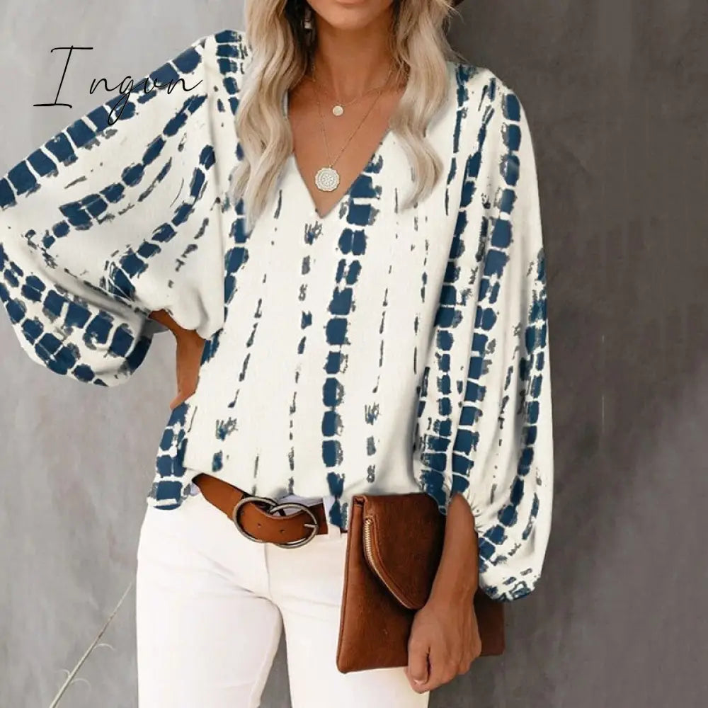 Ingvn - Summer Outfits Female Streetwear Oversized XXXL Tops Blusa Summer V Neck Long Lantern Sleeve Blouse Casual Women Printing Loose Elegant Shirts