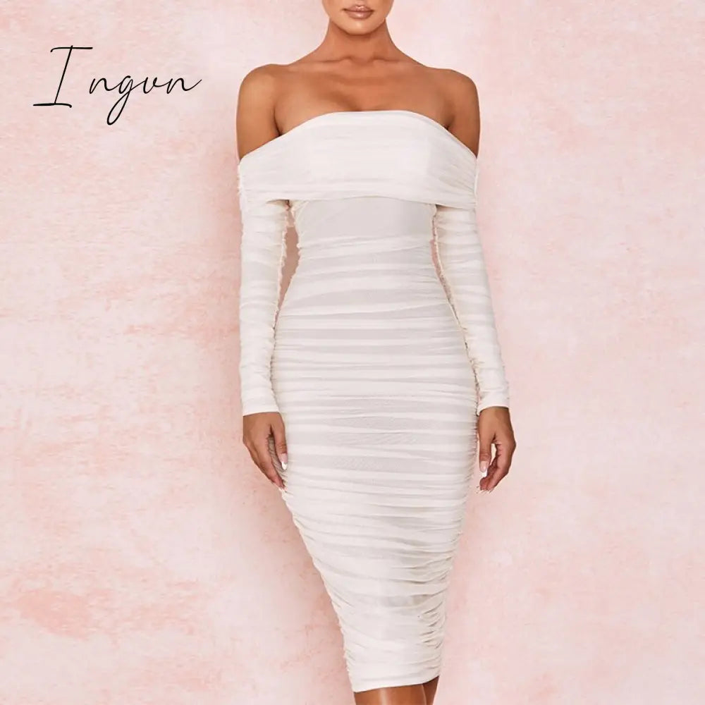 Ingvn - Trends high quality Off Shoulder Ruched Double Layer Mesh Dress Women Long Sleeve Sexy Dresses Ladies Autumn Party Long Christmas Dress