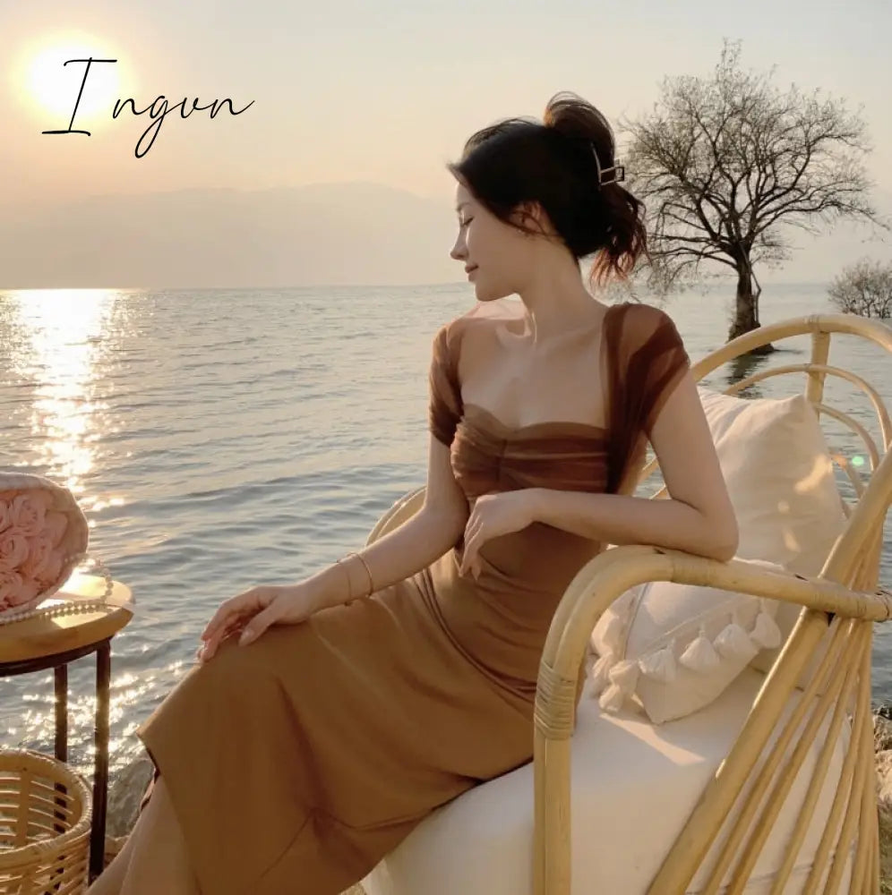 Ingvn - New Years Eve Dresses For Women Spring Summer Sexy Halter Mesh Patchwork Midi Dress Elegant Bodycon Slim Party Vestidos Female Fashion Vintage Clothes