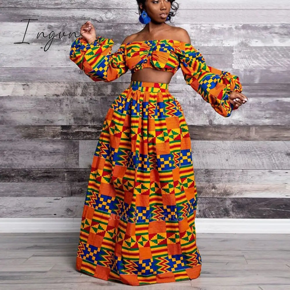 Ingvn - African Dresses for Women Autumn 2-piece Set Lady Full Sleeve Shoulder Off Festher Dashiki Print Split Skirts Africna Clothes