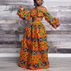 Ingvn - African Dresses for Women Autumn 2-piece Set Lady Full Sleeve Shoulder Off Festher Dashiki Print Split Skirts Africna Clothes