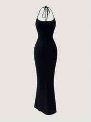 Solid Color Halter Neck Mermaid Dress - Sexy Backless Slim Fit, Flattering Ruffles, Flowy Hem, Perfect for Spring & Summer, Women's Stylish Clothing for Outdoor Events