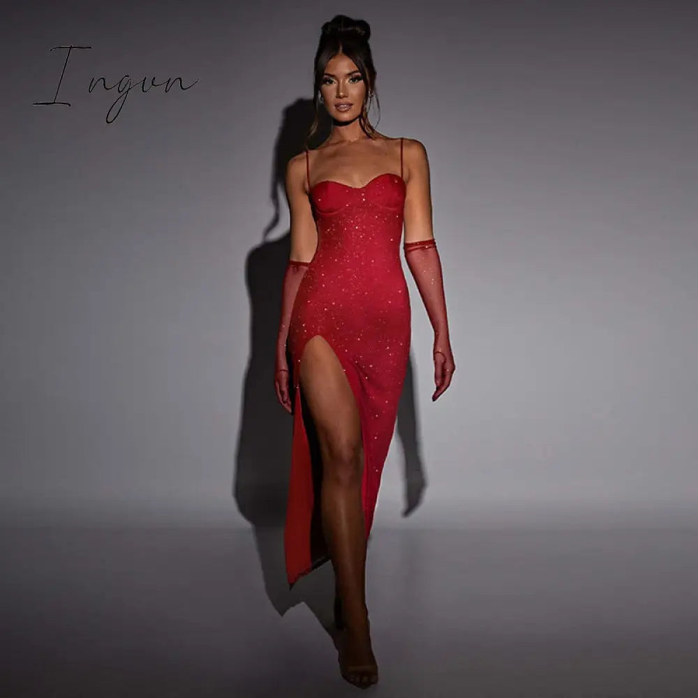 Ingvn - Sparkle Sexy Maxi Dress Women New Spaghetti Strap With Sleeve Backless Sleeveless Glitter Club Party Sexy Long Dress
