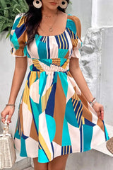 Ingvn - Printed Smocked Waist Flounce Sleeve Dress