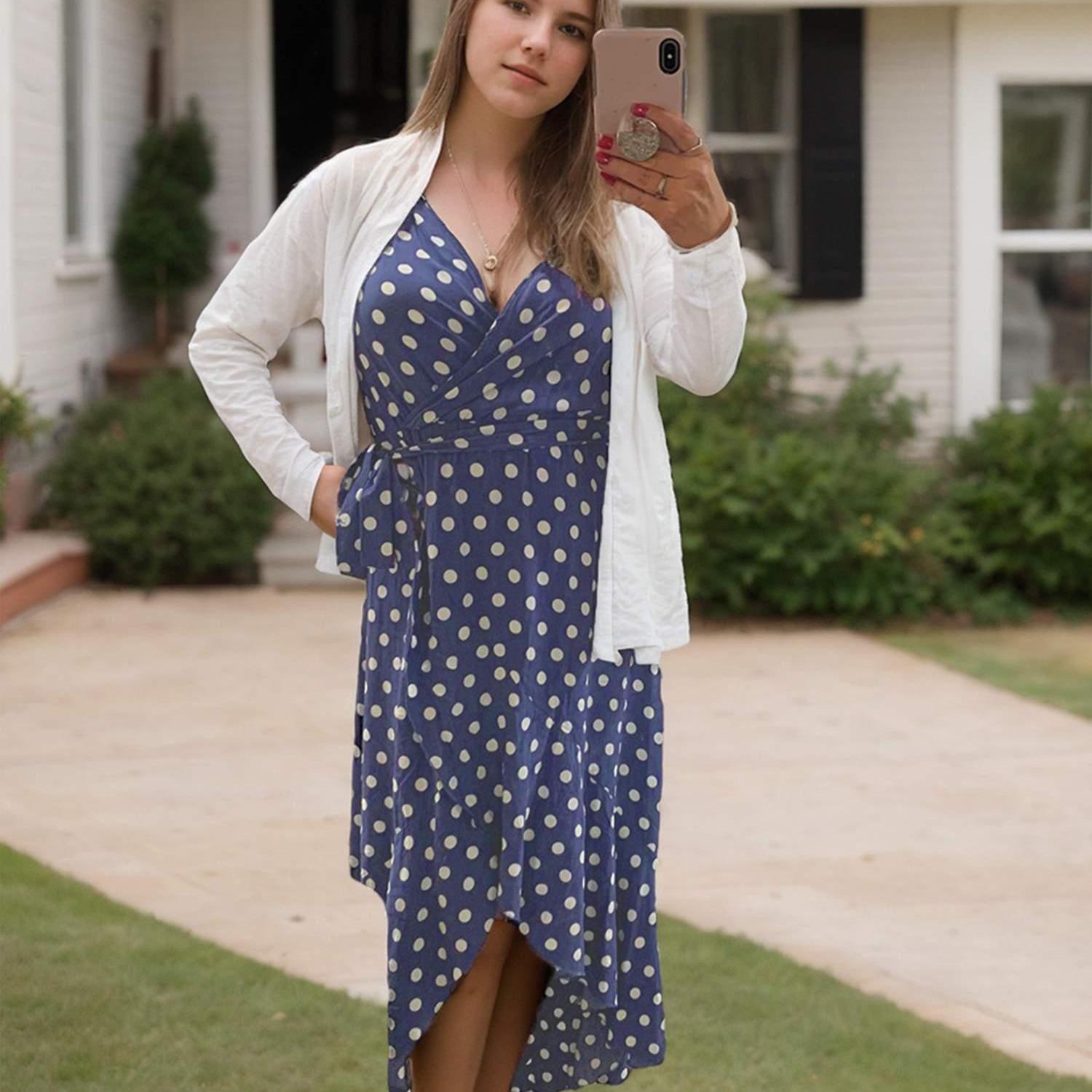 Women's A-Line Dot Polka Print Long Dress V-Neck Wedding Guest, Graduation, Party Maxi Dress