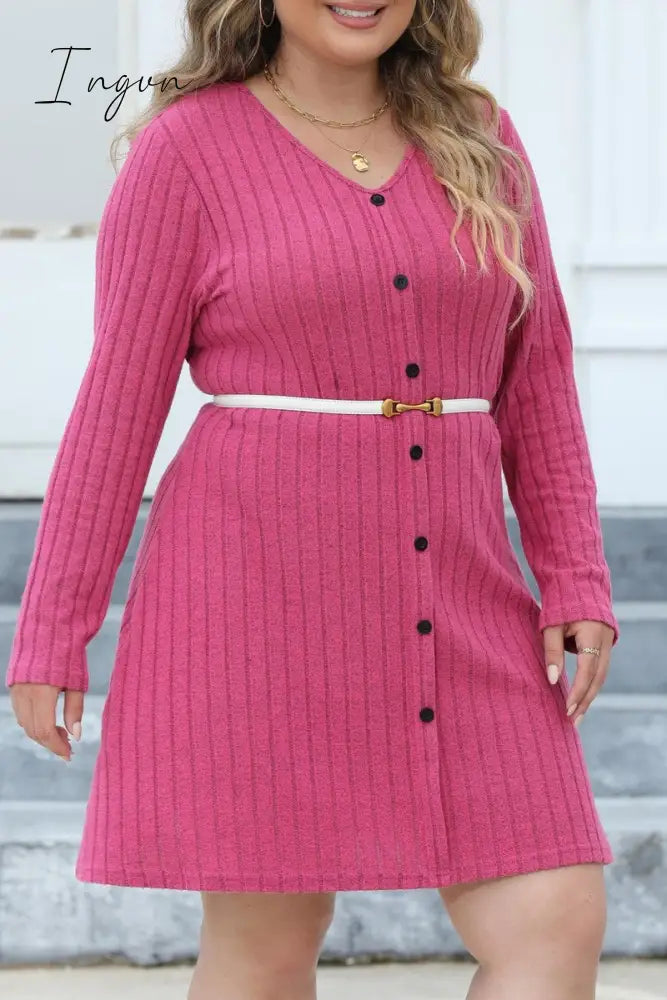 Ingvn - Casual Solid Patchwork V Neck Long Sleeve Plus Size Dresses (Without Belt)