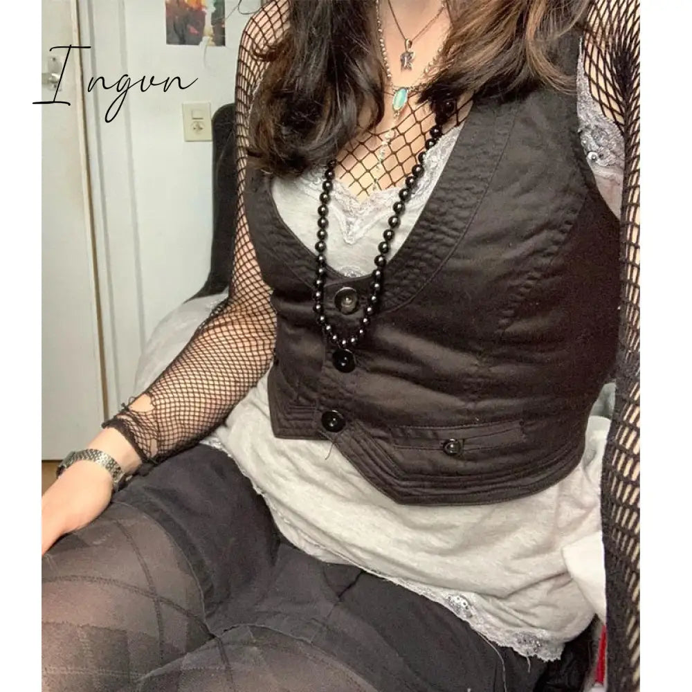 Ingvn - y2k Button Corset Top Black Sleeveless Tank Tops Skinny V Neck Aesthetic Punk Crop Top Grunge Fairycore Women Vests