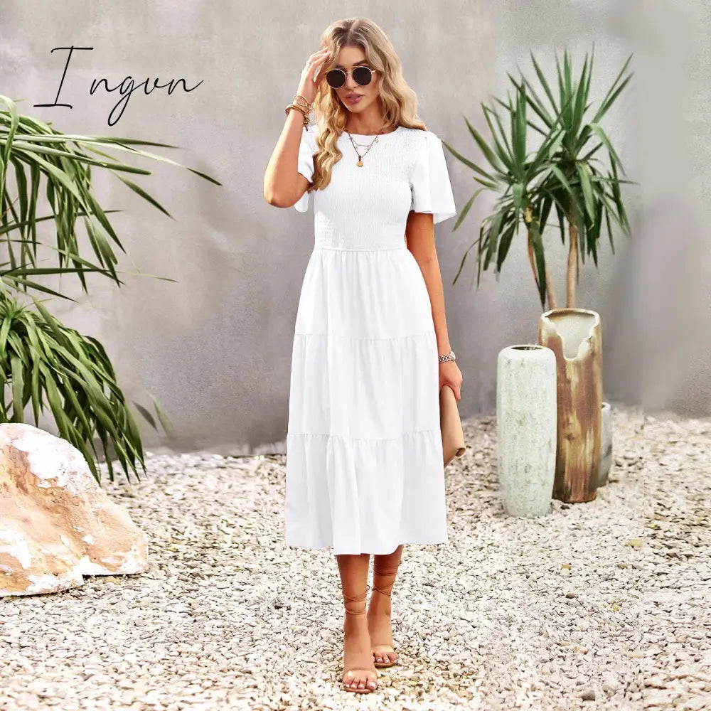 Ingvn - 2023 Spring Casual O Neck Lantern Sleeve Dress Women Loose Elegant Solid A-line Dress Lady Simple High Waist Klein Blue Dress