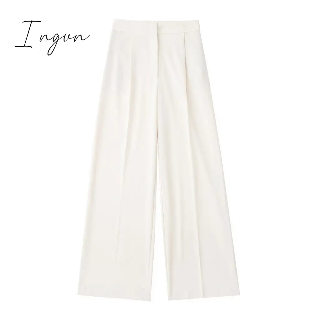 Ingvn - Women Fashion Solid High Waist Wide Leg Pants Suit Female Casual Front Zipper With Pockets Ladies Loose Long Trousers