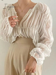 Ingvn - Korean Fashion Pleated Casual Blouse Women Summer New Loose Folds Perspective Chiffon Shirt Long Sleeve Tops Blusas Mujer 15624