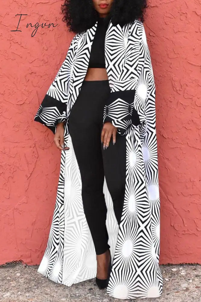Ingvn - White Casual Street Print Patchwork Cardigan Collar Plus Size Overcoat
