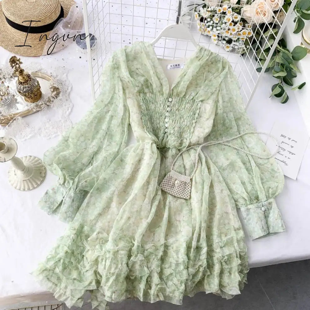 Ingvn - New Fashion Cyber Celebrity Chiffon Floral Print Dress Female Spring Summer French Retro Super Fairy Sweet V-neck Short A-line Dress ML857