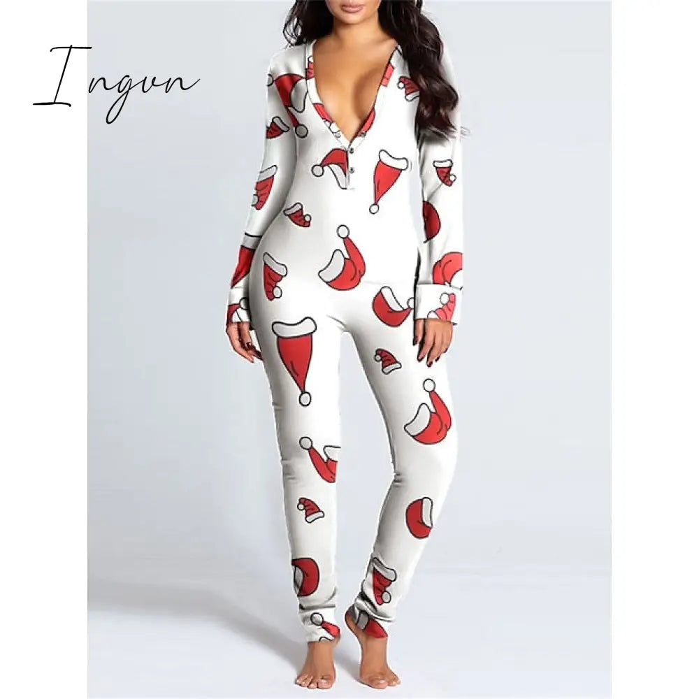 Ingvn - Women's Pajamas Jumpsuit Elk Snowflake Casual Comfort Soft Home Christmas Daily Polyester Breathable V Wire Long Sleeve Hole Fall Winter White Red