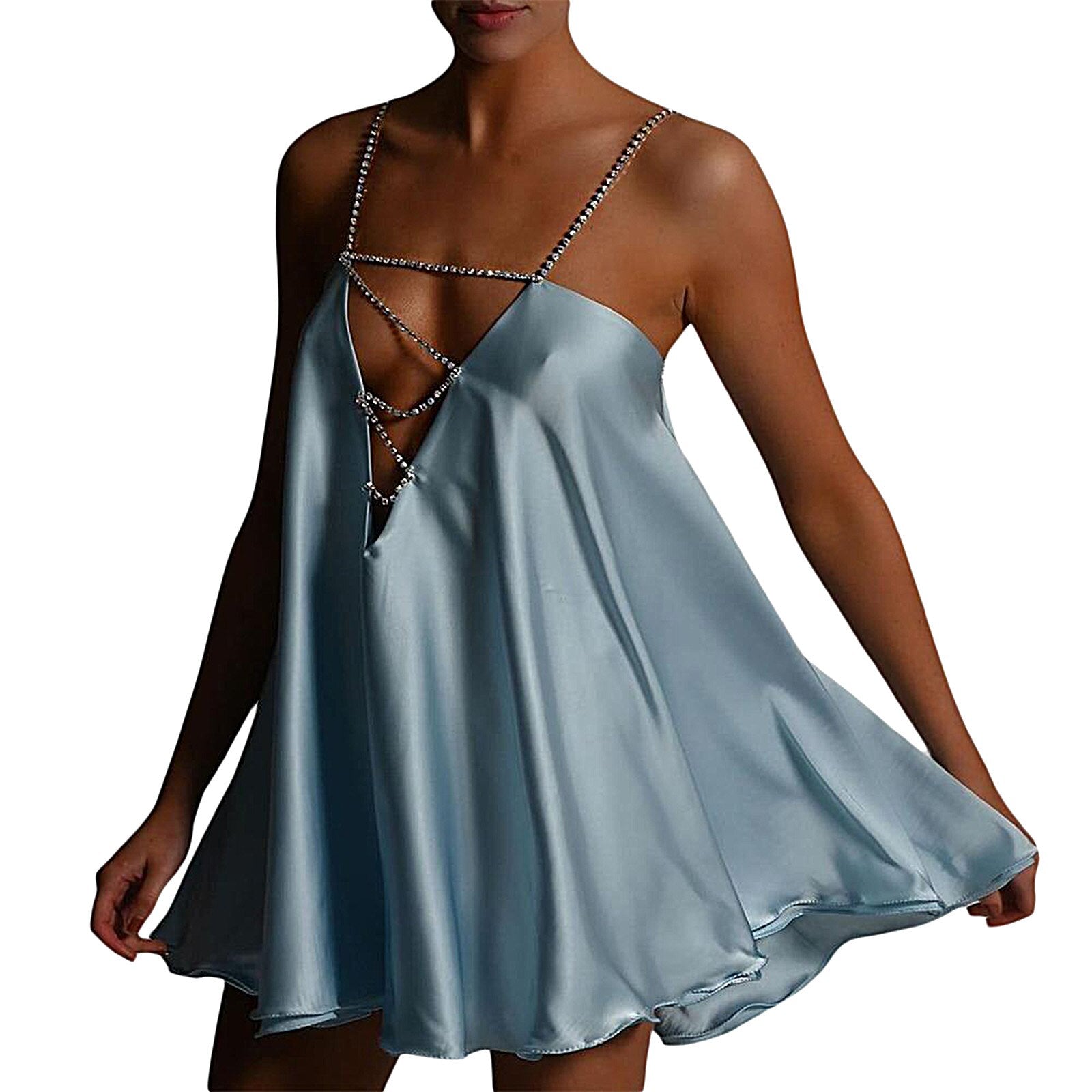 Diamante Chain Satin Low Back Swing Dress With Iridescent Crystal Straps and Neck Sexy Celebrity Party Elegant Women Dress