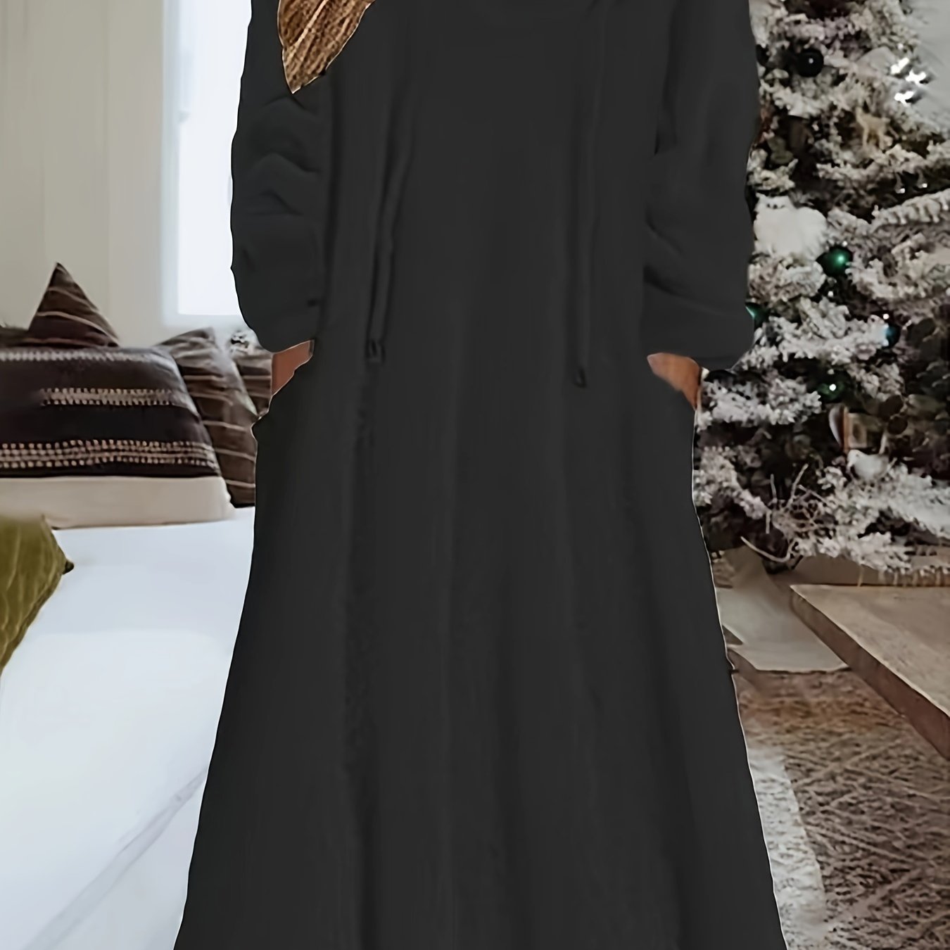 Cozy Plus Size Hooded Fleece Dress with Pockets - Long Sleeve, Drawstring Comfort for Everyday Wear