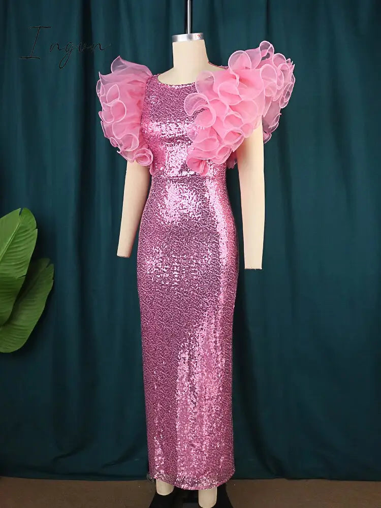 Ingvn - Women Pink Sequin Dress Puff Ruffle Sleeve Bodycon Sparkly Dress Elegant Party Club Birthday Wedding Night Robe Big Size 3XL 4XL