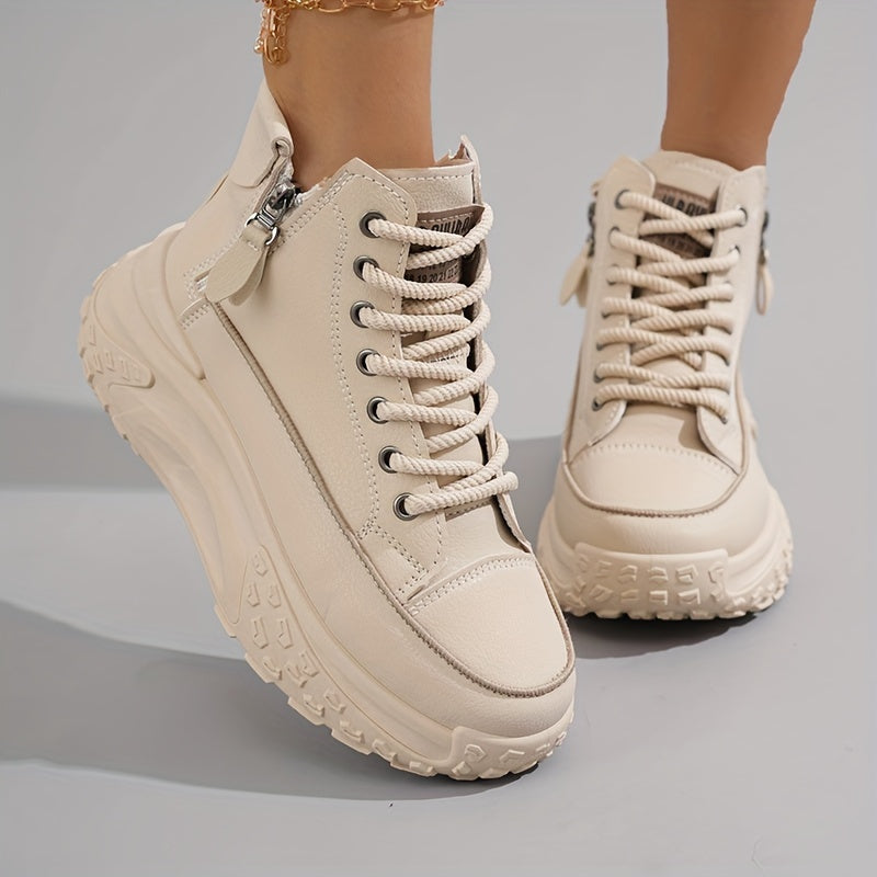 Plus Size Women's Comfortable High-Top Sneakers, Casual Lace Up Outdoor Shoes with Side Zipper