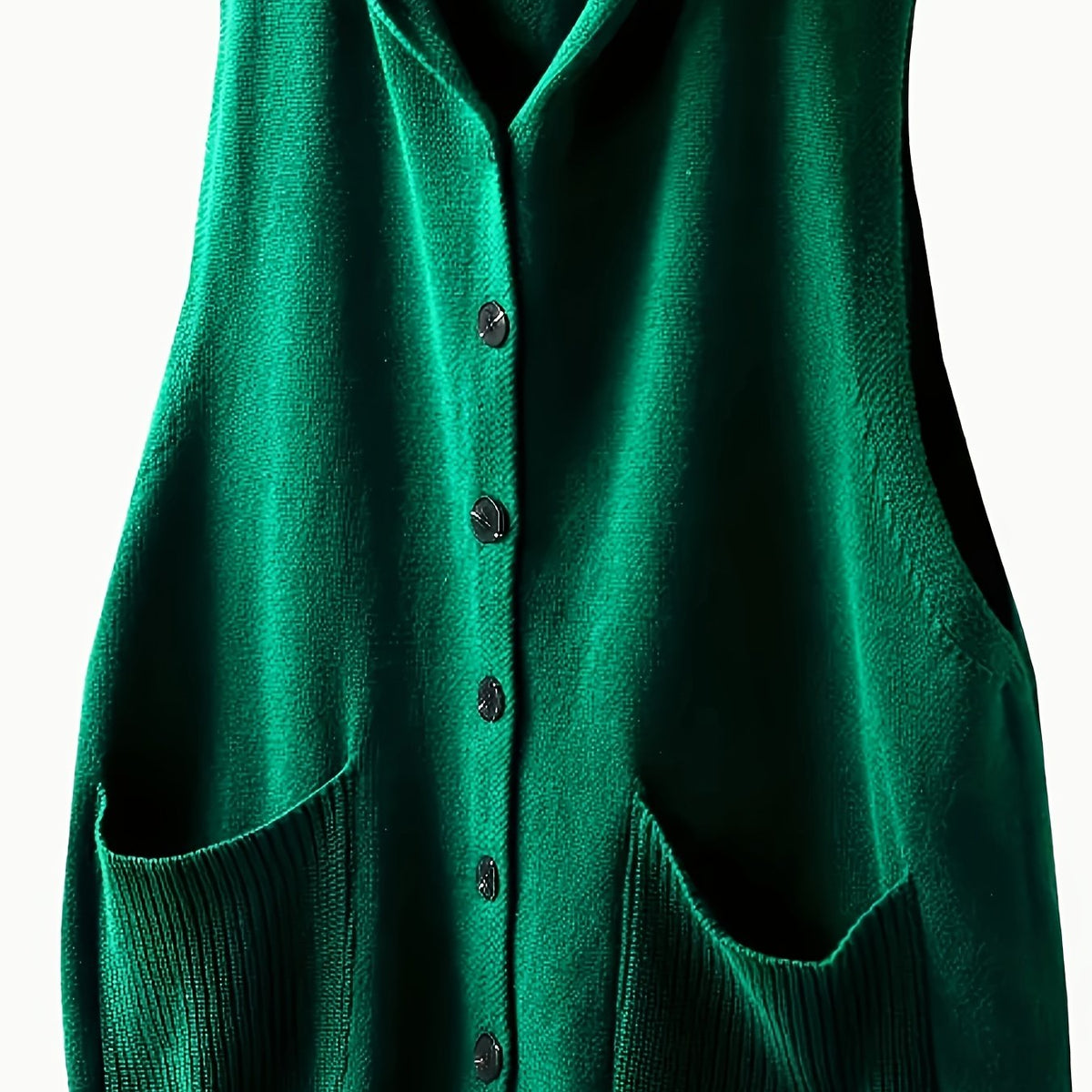 Women's Plus Size Solid Button Front Sleeveless Knitted Hooded Cardigan with Pockets, Casual Plus Size Clothing