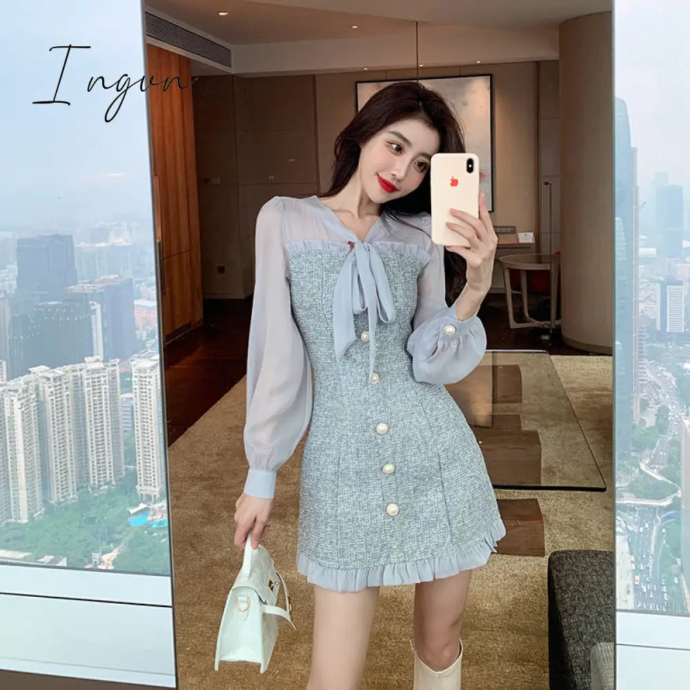 Ingvn - New Spring Vintage Sexy See-through Chiffon Patchwork Tweed Mini Dress Women Ribbon Bow Single-breasted Long Sleeve Party Dress