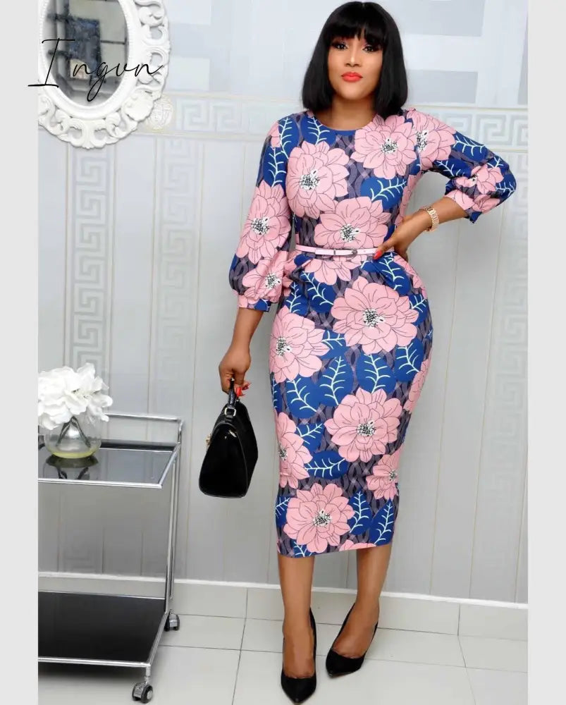 Ingvn - Women Bodycon Printed Dress Three Quarter Sleeves Midi Office Ladies Work Wear Elegant Classy Vestidos African Female Plus Size