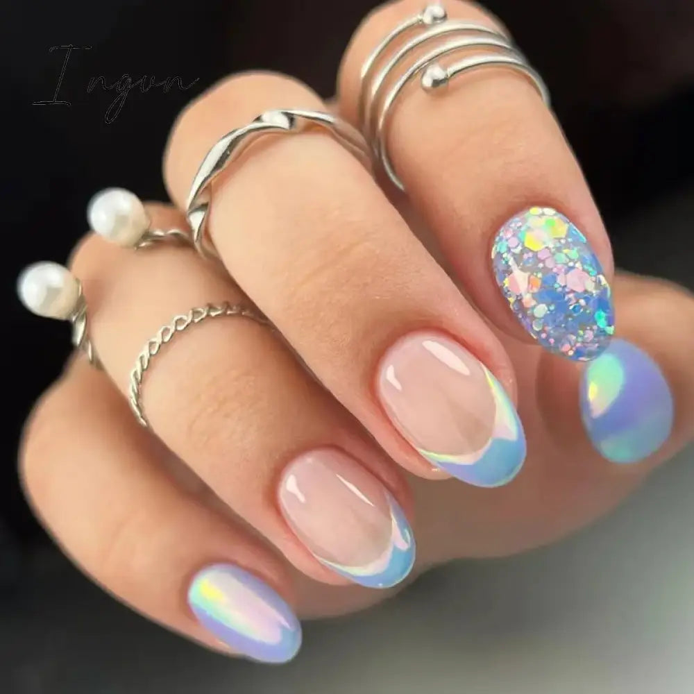 24Pcs Mid-length French Fake Nail with Silver Edge Design Round Head Almond False Nail Wearable Simple Finished Press on Nails
