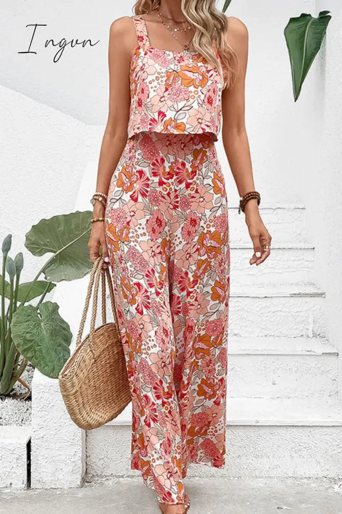 Ingvn - Floral Square Neck Sleeveless Jumpsuit