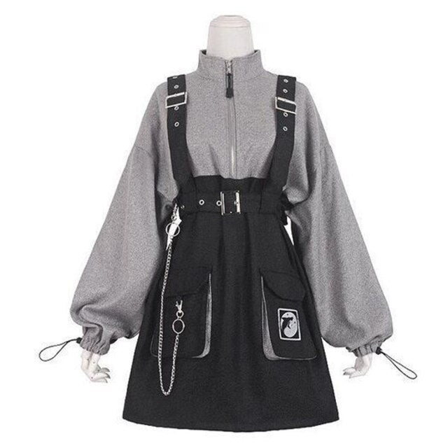 Gothic Girl High Waist Punk Mini Dress Vintage Women Dress Long Sleeve Hat Collar Fashion Sexy Lolita Black Dress Plus Size