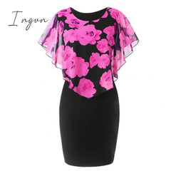 Ingvn - Plus Size Womens Dress Elegant Office Lady Rose Flower Print Cape Bodycon Knee Length Dress