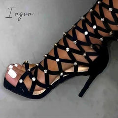 Ingvn - Diamonds Square Open Toe High Heel Boots