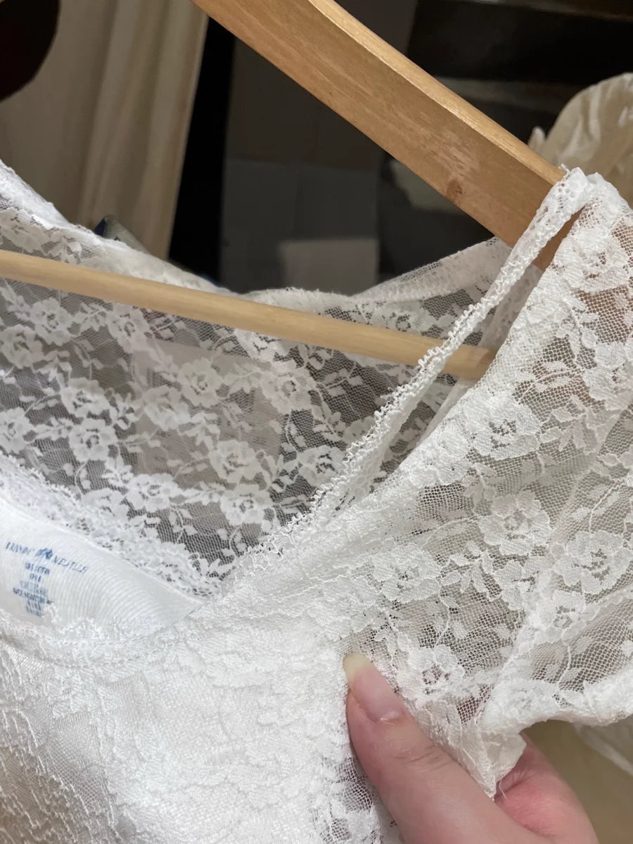 White Lace Sexy Transparent Crop Top Summer Short Sleeve Crew Neck Thin Streetwear T-shirt Women Casual Chic Cute Tees Tops 2023