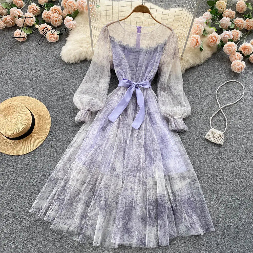 Ingvn - Elegant Women Mesh Dress Vintage Lantern Sleeves Printed Party Dresses Spring Summer Patchwork A Line Bandage Beach Dress