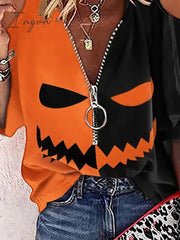 Ingvn - Women's Shirt Blouse Orange Pumpkin Ghost Cut Out Quarter Zip 3/4 Length Sleeve Halloween Weekend Streetwear Casual V Neck Regular S