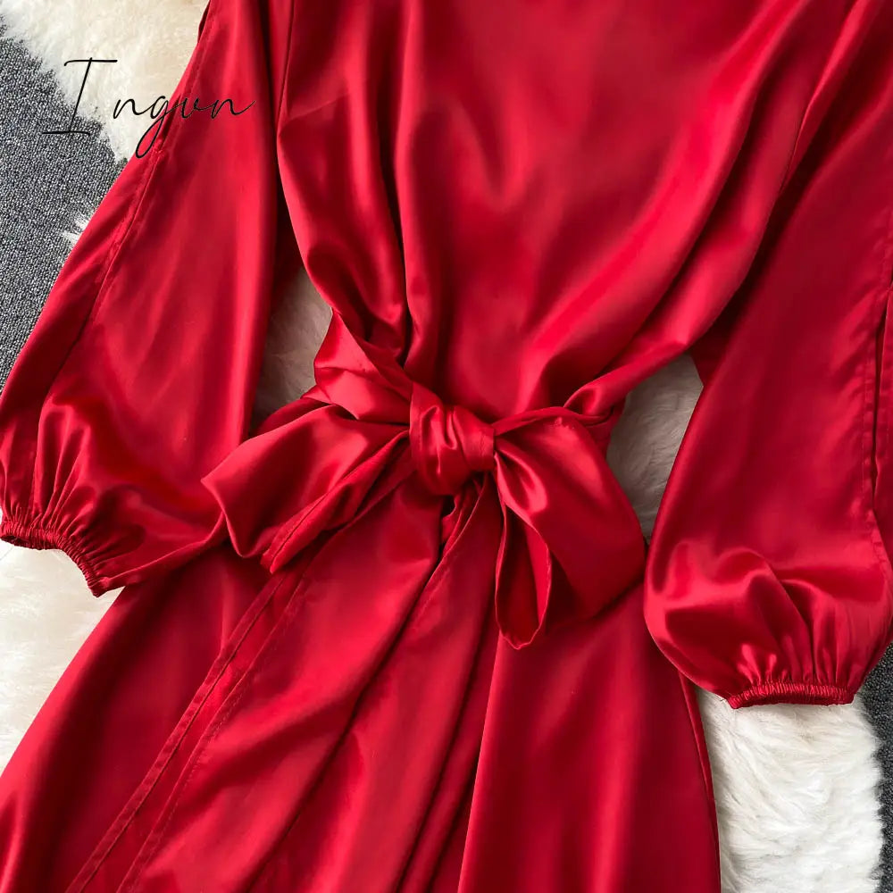 Ingvn - Womens Fashion Irregular Maxi Dress Women Design Hollow Puff Sleeve A-line Dress New Autumn Casual Vacation Split Long Dress