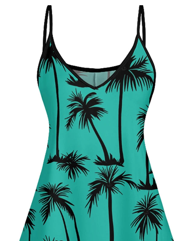 2025 Women's Beach Dresses Palm Tree Print Hawaii Vacation Dress Spaghetti Strap V Neck A Pendulum Mini Dress