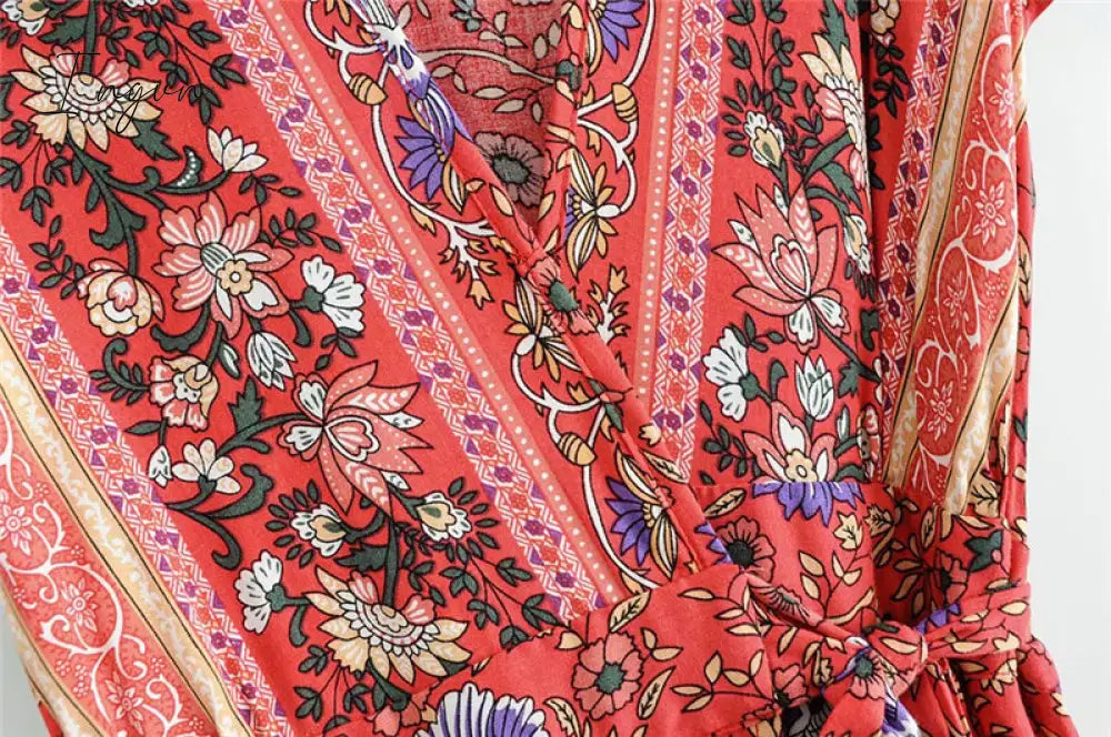 Ingvn - Vintage chic vestidos women Floral print bat sleeve beach long Bohemian maxi dress Ladies sexy V neck  Summer Boho happie  dress
