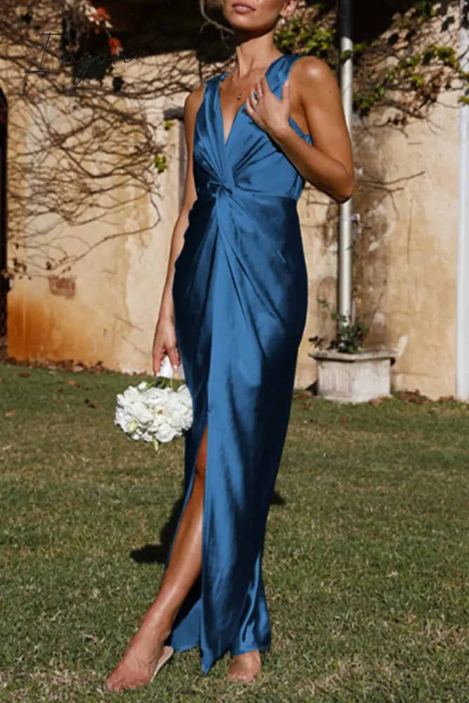 Ingvn- Sexy Formal Solid Fold V Neck Evening Dress Dresses