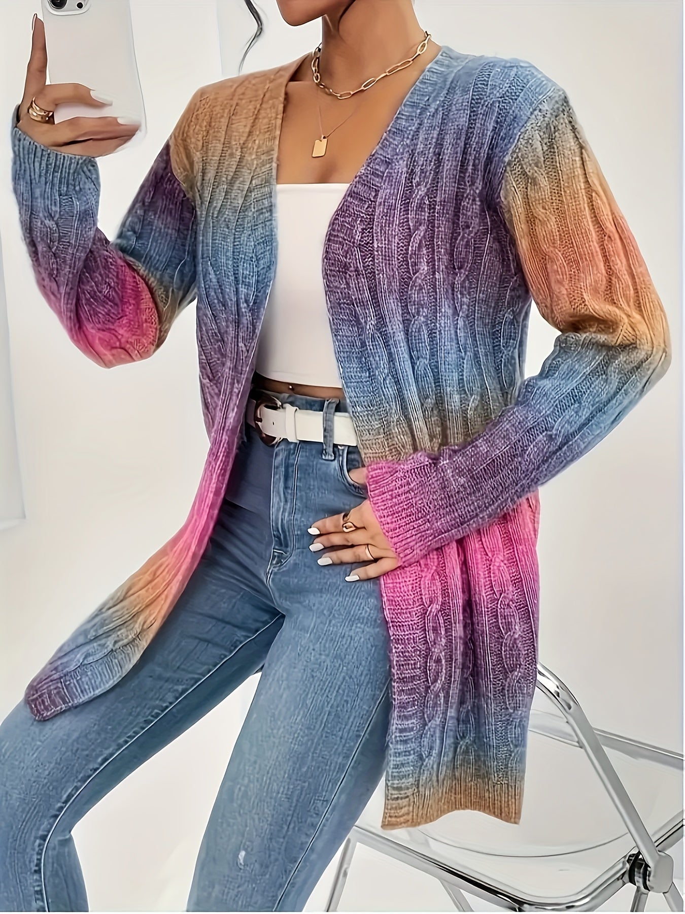 Plus Size Ombre Color Cable Knitted Cardigan, Casual Open Front Long Sleeve Cardigan For Fall & Winter, Women's Plus Size Clothing