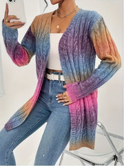 Plus Size Ombre Color Cable Knitted Cardigan, Casual Open Front Long Sleeve Cardigan For Fall & Winter, Women's Plus Size Clothing