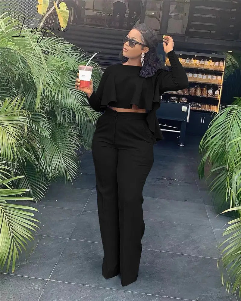 Ingvn - 2023 Elegant Work Wear Two Piece Set Fall Clothes for Women Ruffles Crop Top and Wide Leg Pants Suits Matching Sets Sexy Club Outfits