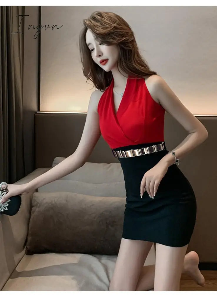 Ingvn - Summer New Women's Fashion Sexy V-Neck Design Tight Sleeveless Short Dress Elegant Slim Office Ladies Contrast Color A-line