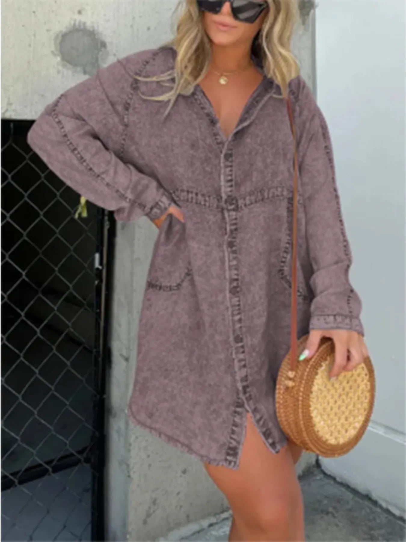 Full Size Button-Front Long Sleeve Denim Shirt Dress Plus Size