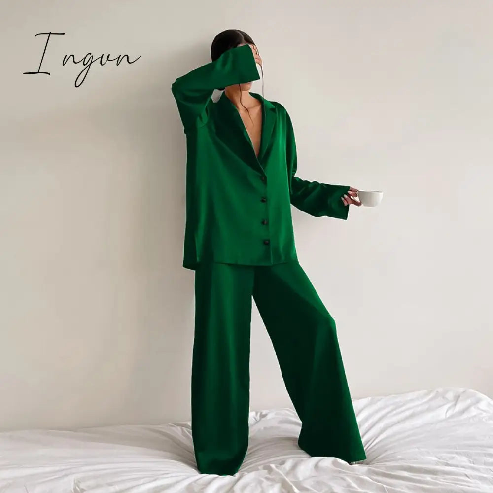 Ingvn - Oversized Satin Silk Sleepwear Low Cut Sexy Pajamas For Women Single-Breasted Long Sleeves Wide Leg Pants Trouser Suits