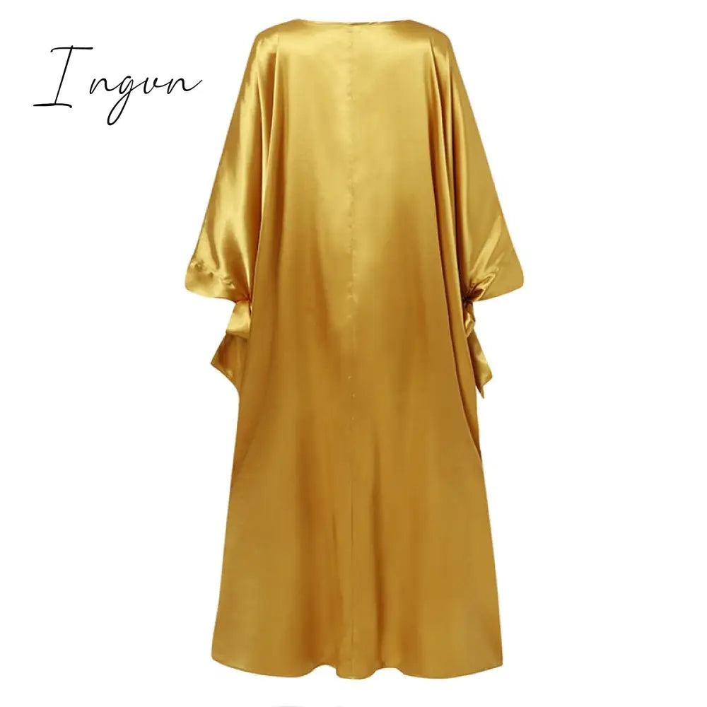 Ingvn - Women Ingvn Summer Party Dress Vintage Floral Printed Casual Loose Bohemian Beach Sundress Long Sleeve Satin Maxi Vestidos