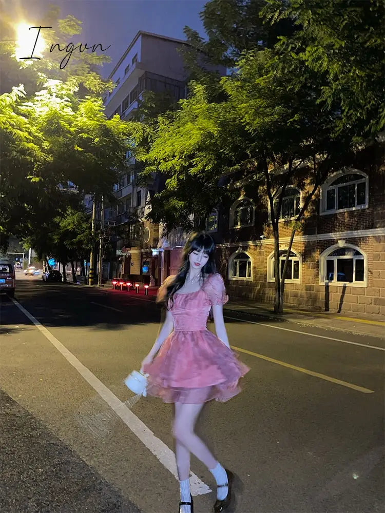 Ingvn - Pink Floral Short Party Dress Sexy Lace Puff Fairy Kawaii Clothing Mini Dress Fashion Birthday Lolita Dress Women Summer 2023