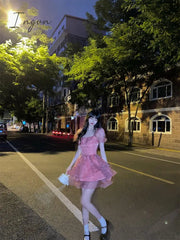 Ingvn - Pink Floral Short Party Dress Sexy Lace Puff Fairy Kawaii Clothing Mini Dress Fashion Birthday Lolita Dress Women Summer 2023