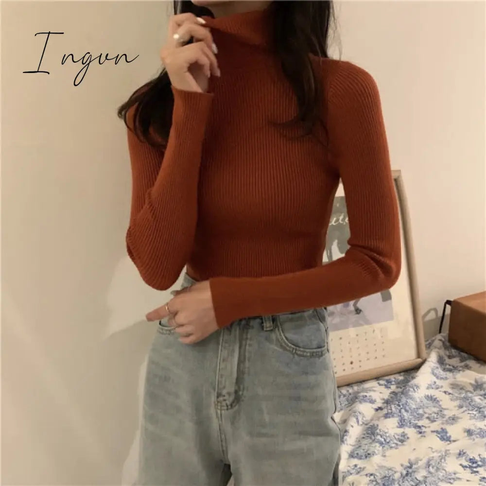 Ingvn - Autumn Winter Knitted Sweater Pullovers Turtleneck Sweater for Women Long Sleeve White Black Soft Female Jumper Clothing