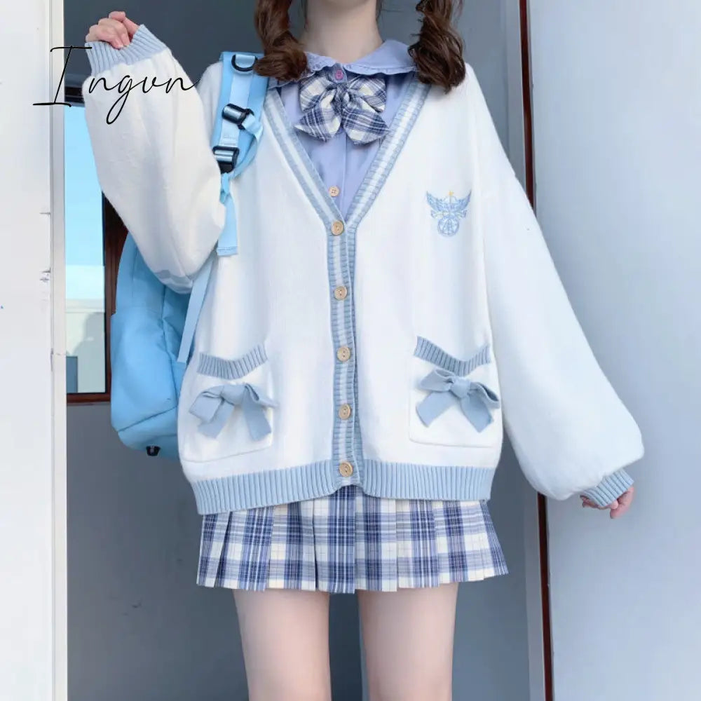 Ingvn - Spring Japanese Kawaii Fashion Pink Cardigan Women Harajuku Knitted Sweater Cute Bow Heart Korean College Style JK Uniform Coat