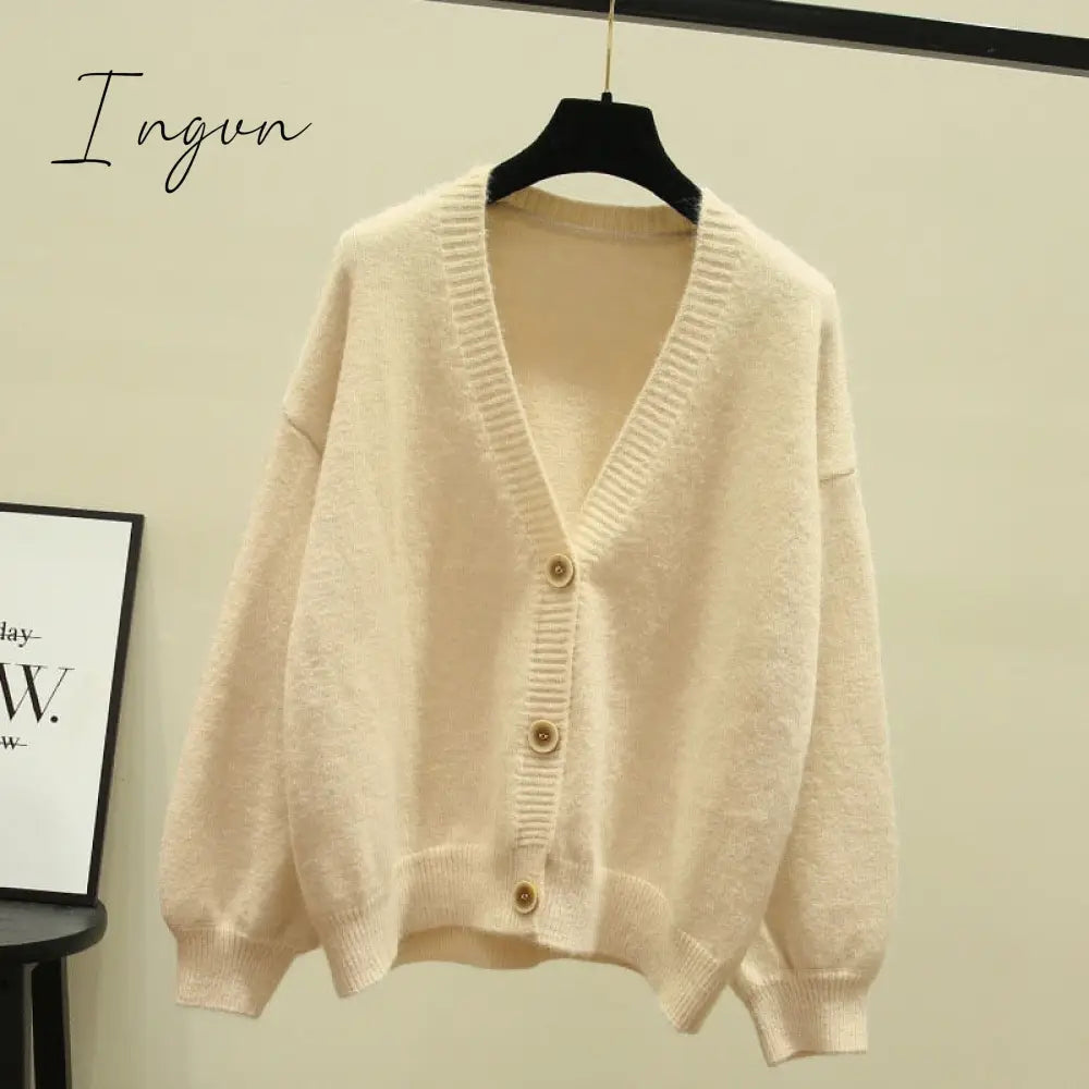 Ingvn - Oversized Cardigan Women Spring Casual Solid V Neck Long Sleeve Cardigan Sweater Female Knit Jacket Coat Green Pink
