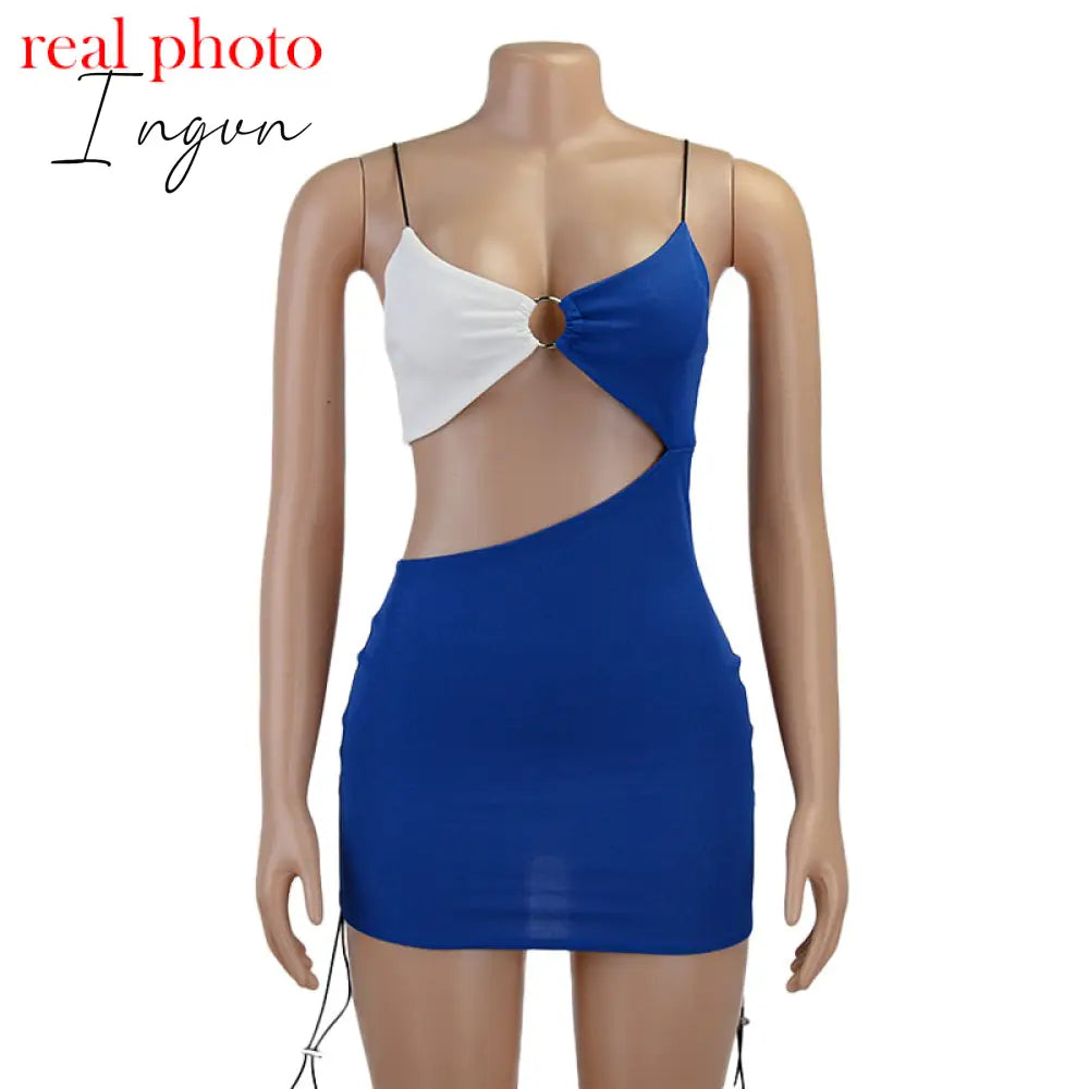 Ingvn - Spaghetti Strap Drawstring Ruched Cut-Out Sexy Backless Mini Dress for Women Club Party Sleeveless Dresses Bodycon