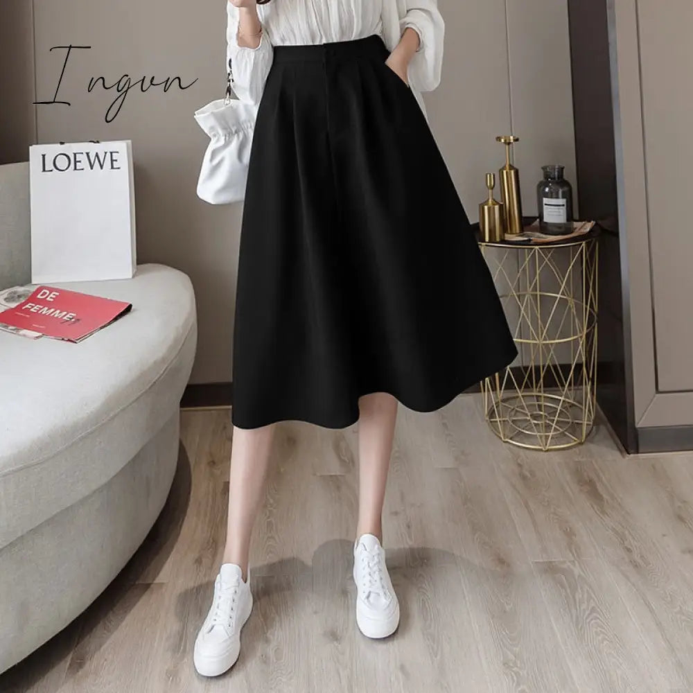 Ingvn - New Spring Summer High Waist Midi Skirt Women Casual Pocket Solid Color Loose A-Line Umbrella Skirt Female Petticoat